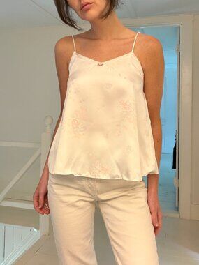 Jennifer Dale Vintage 70s Satin Floral Camisole Top Size S/9 White